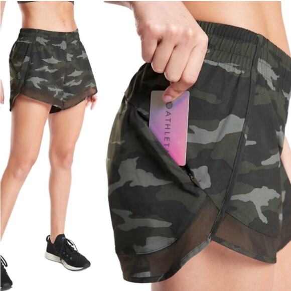 ATHLETA PRINTED MESH RACER RUN SHORT 4” olive camo size large - Picture 2 of 13